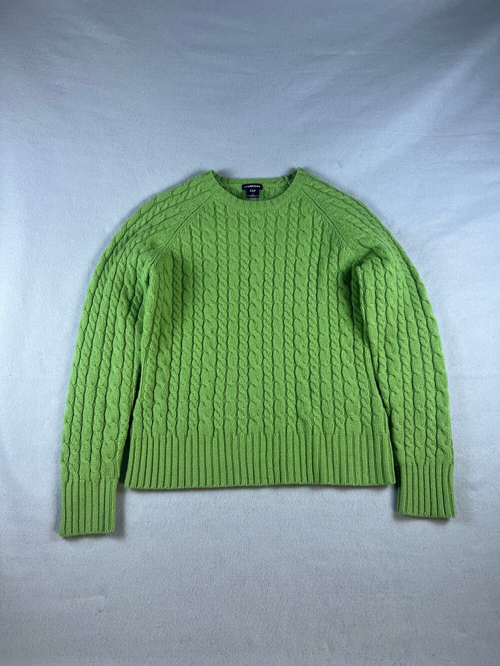 Vintage GAP Sweater Womens M Lime Green Crew Neck Cable Knit Ribbed Y2K Pullover